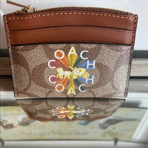 Coach Tan and Brown Card Holder with Colorful Logo - Picture 1 of 7